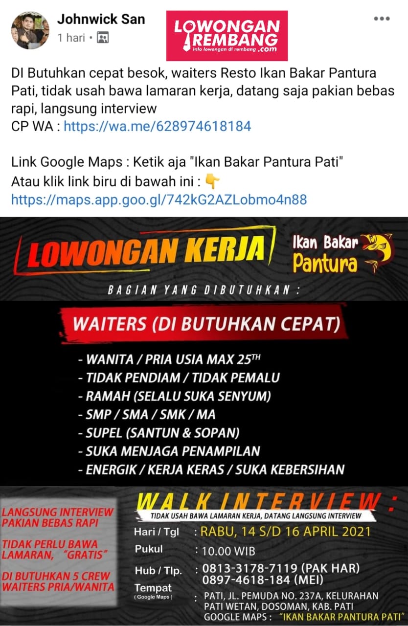 5 Lowongan Kerja Waiters Resto Ikan Bakar Pantura Pati Tanpa Berkas Lamaran Kerja Lowongan Rembang