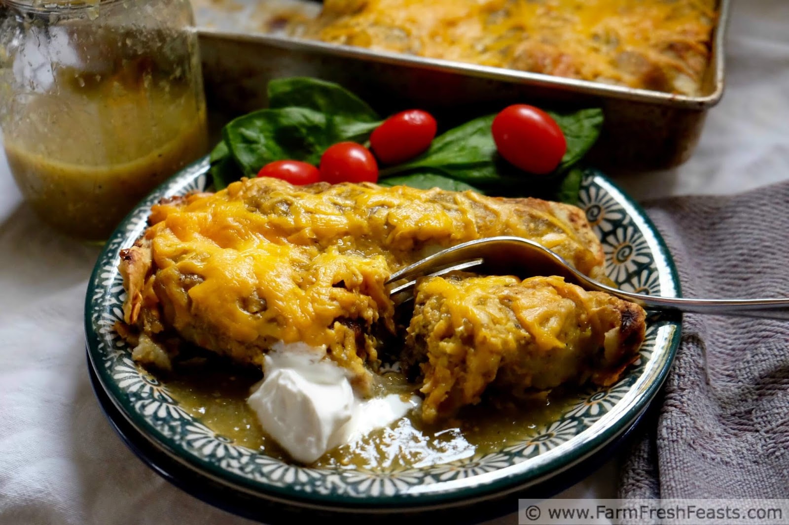 Farm Fresh Feasts Potato, Tatsoi, and Caramelized Onion Enchiladas