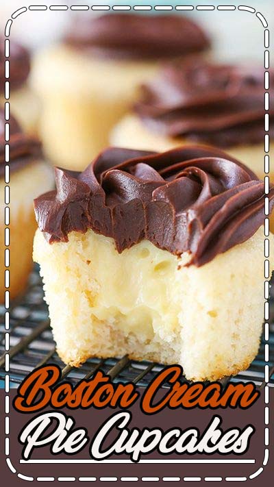 These Boston Cream Pie Cupcakes are to die for! A moist vanilla cupcake, pastry cream filling and beautiful chocolate ganache topping make this one tasty cupcake you will definitely want to sink your teeth into.