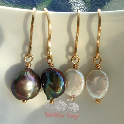 Wire wrapped coin and baroque pearl dangle earrings with vacuum plated stainless steel wire