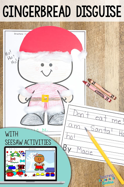 gingerbread-disguise-project-for-kindergarten-with-seesaw-activity gingerbread man disguised as Santa with screenshot of dress a gingerbread man activity