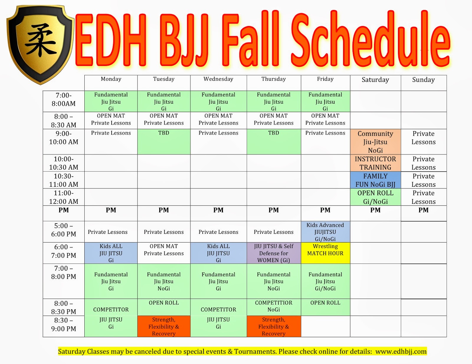 柔術 JIUJITSU TRAINING 柔術 Martial Arts Schedule for Fall at El Dorado Hills JiuJitsu