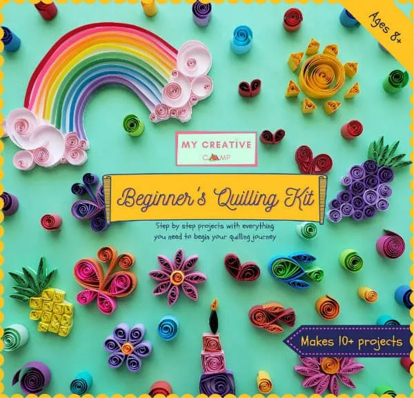 colorful cover of beginner's quilling kit with sample projects like a rainbow, heart, and flowers