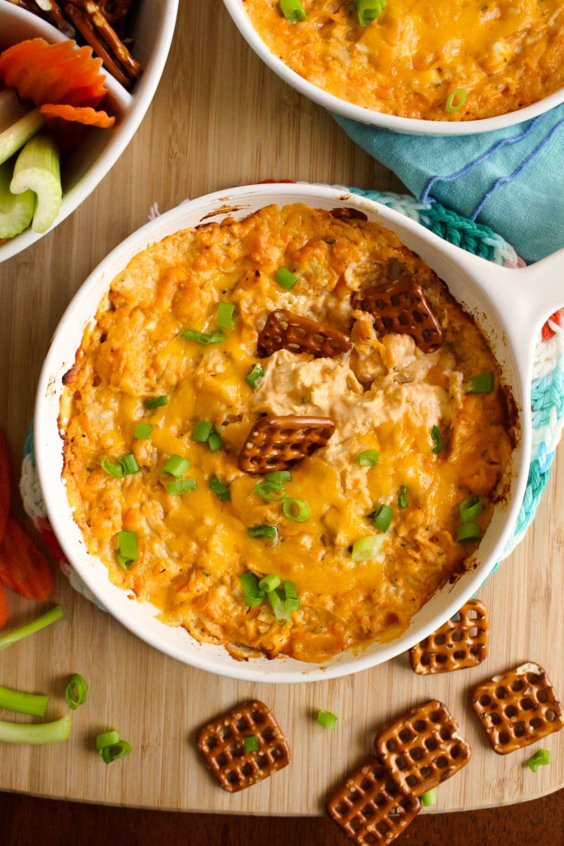 Buffalo Ranch Chicken Dip is creamy, cheesy, spicy, and so delicious! It's the perfect dip for parties and game day. #buffalochicken #appetizer #diprecipe