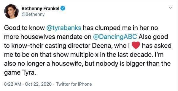 Bethenny Frankel Slams Tyra Banks Over Claims She Wants To Ban Real Housewives From Competing On Dancing With The Stars Tyra Shuts Down Claims Says This Is 100 Percent Untrue