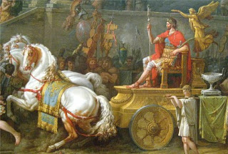generale romano su carro di trionfo trainato da cavalli