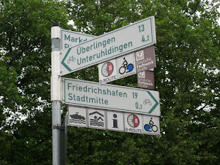 Bike route signs, 19 km to Friedrichshafen, Germany