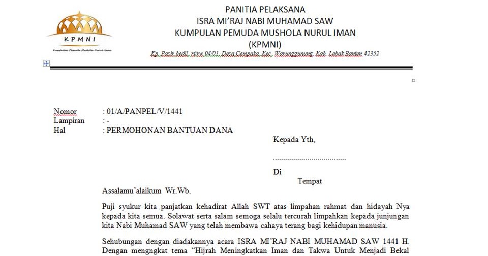 Contoh Surat Permohonan Dana Untuk Acara Isra Mi Raj Nabi Muhammad Saw Husnuls492 Com