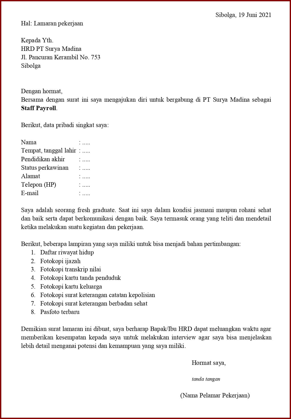 Contoh Surat Lamaran Kerja Untuk Staff Payroll (Fresh Contoh Surat Lamaran Kerja Untuk Staff Payroll (Fresh