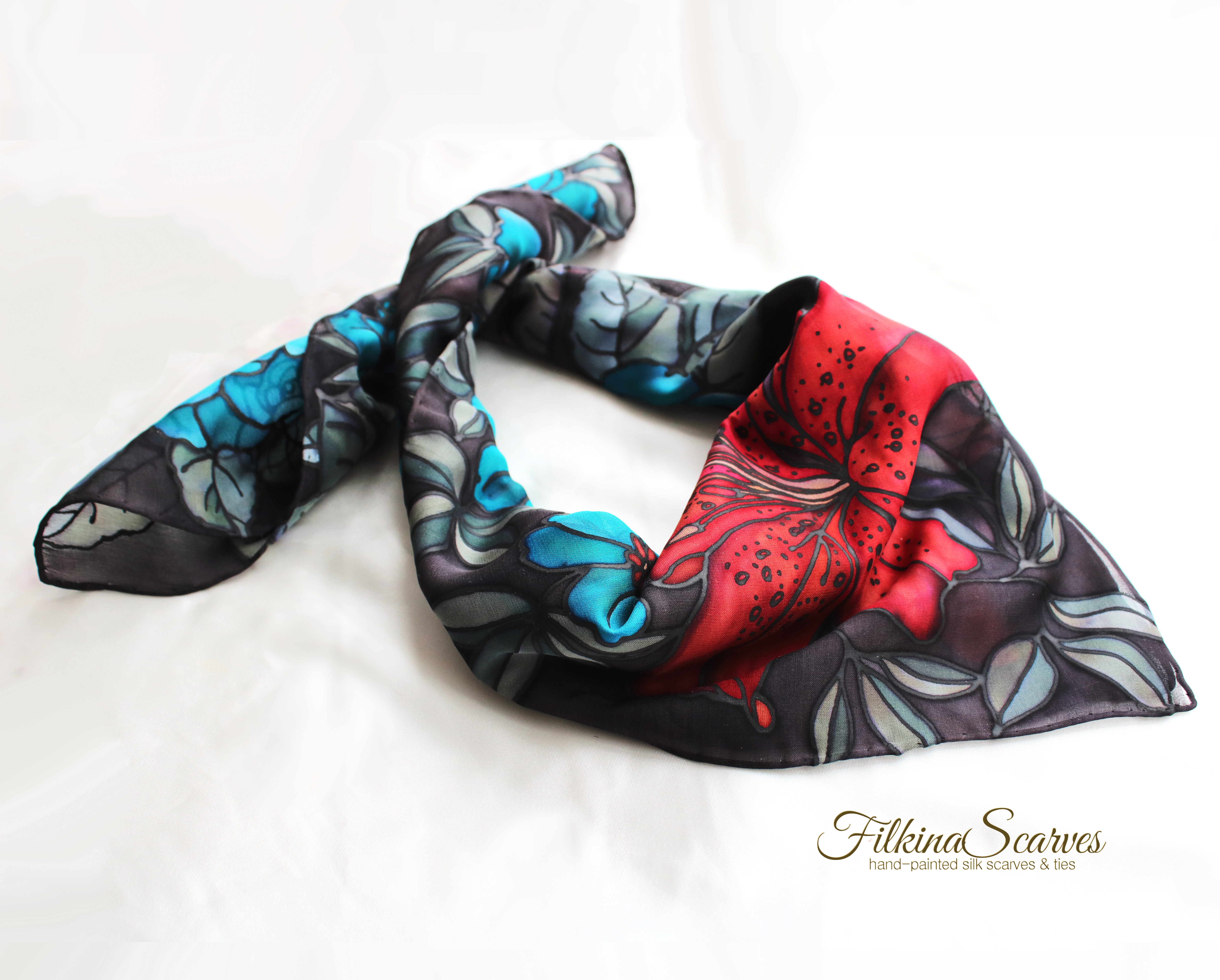 EUR 46.00 HANDPAINTED Square Scarf Black small scarf, women neck scarf, silk chiffon