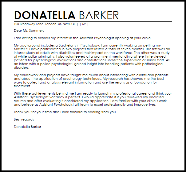 Psychology Internship Cover Letter Sample Resume Letter
