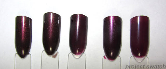 Swatches - 1 - Wet n Wild Megalast Under Your Spell; 2 - Maybelline Auburn Ablaze, 3 - OPI Black Cherry Chutney, 4 - Wet n Wild Megalast Lethal Injection, 5- NYC Manhattan