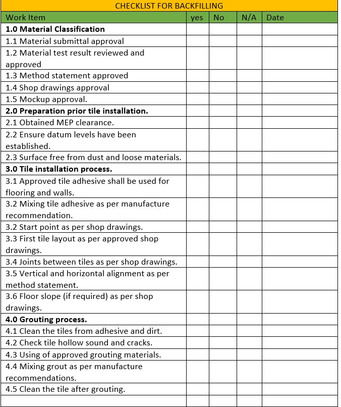 Checklist Template for Tiling Work.