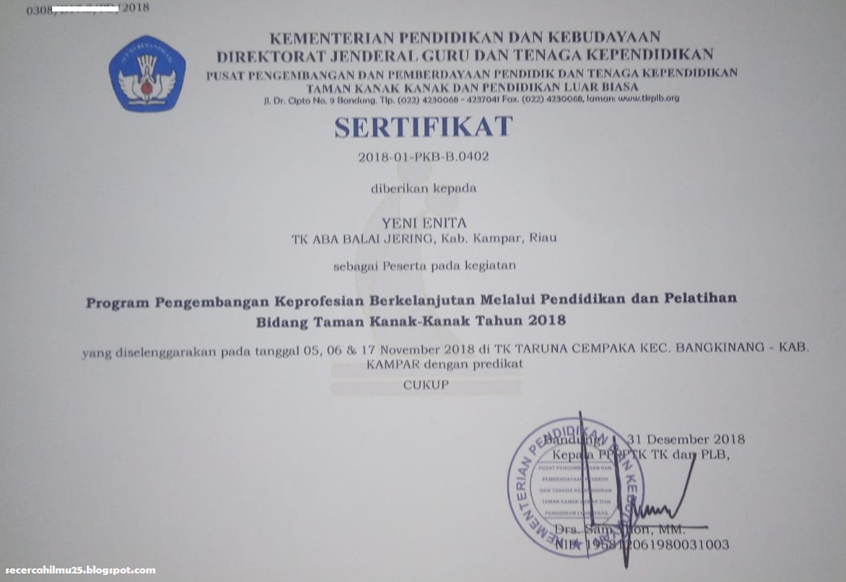 Contoh Sertifikat DIKLAT PKB Jenjang TK Dikri Nalendra07