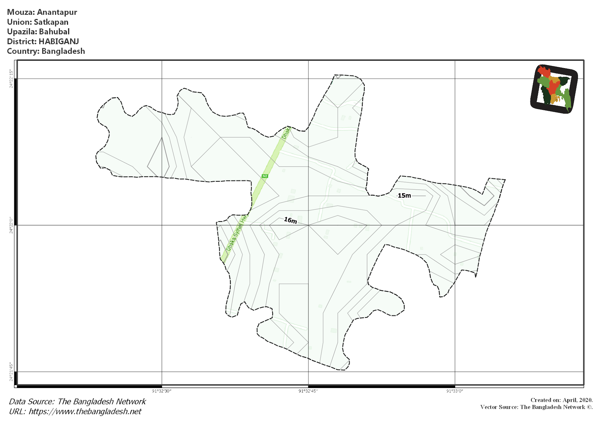 Map of Anantapur Mouza of Bahubal Upazila, HABIGANJ, Bangladesh.