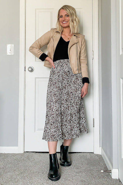 Chelsea boots with leopard pleated skirt and moto jacket