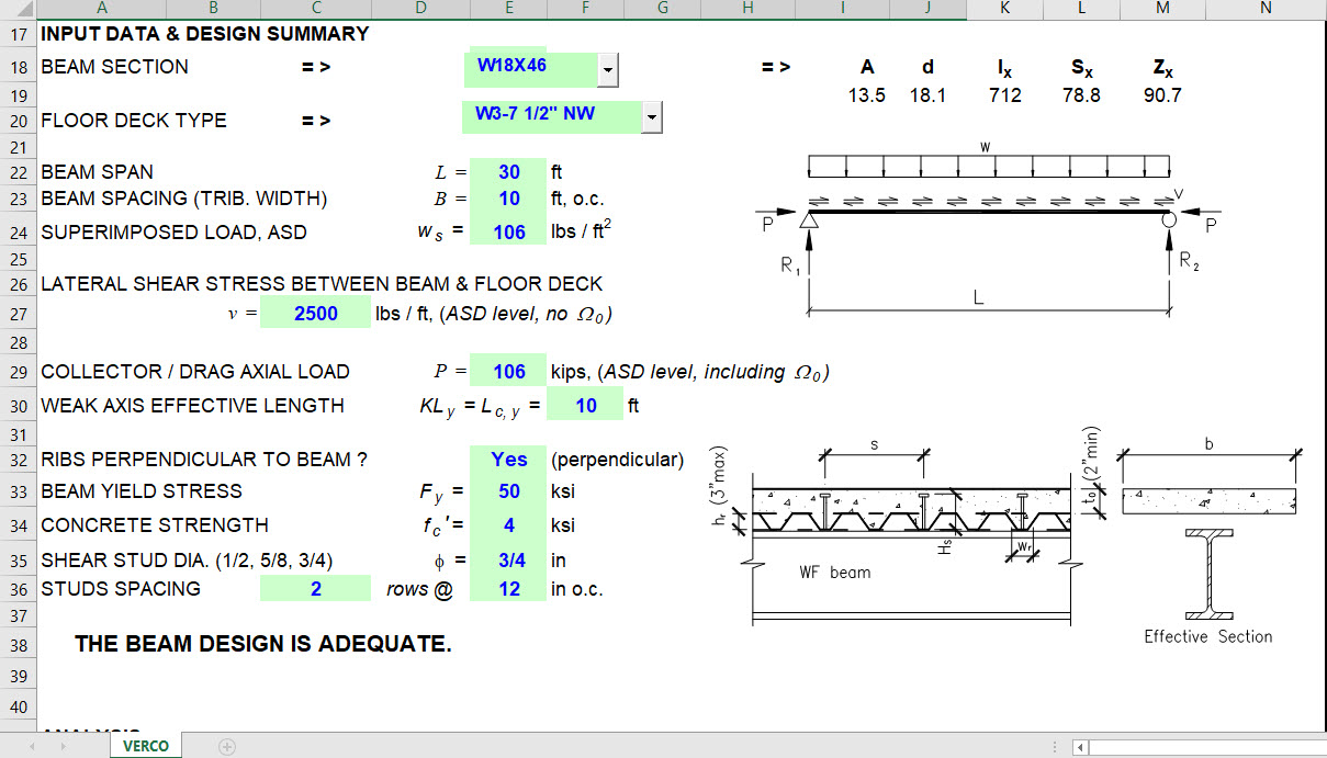 Composite Collector Beam Design with Seismic Loads Excel Sheet