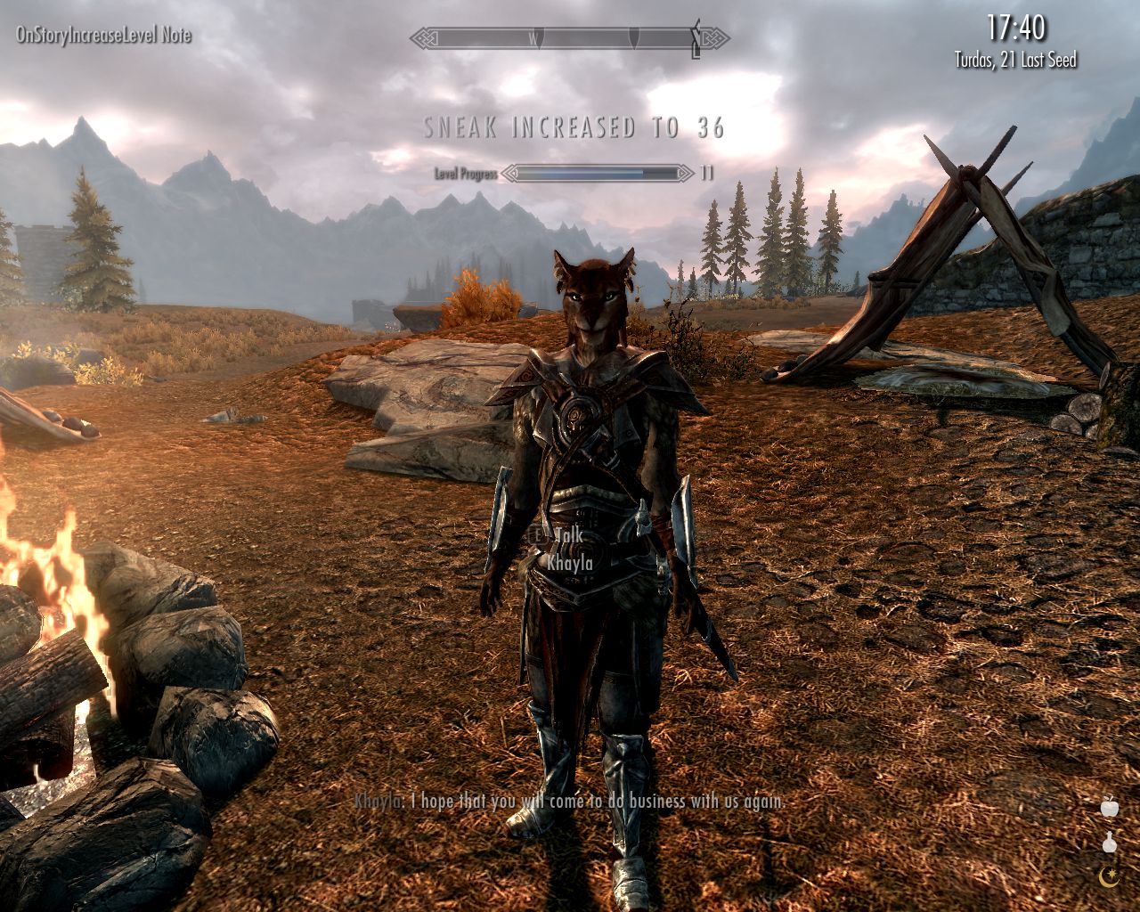 Khajiit camp outside Whiterun, Khayla in foreground talking to the protagonist, many clouds in the sky