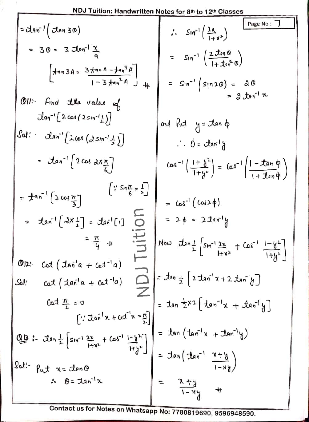 Inverse Trigonometry Function Handwritten Notes for 12th Math