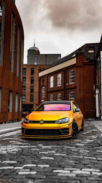 Road, Volkswagen Golf, Yellow, Car, Front View Road, Volkswagen Golf, Yellow, Car, Front View