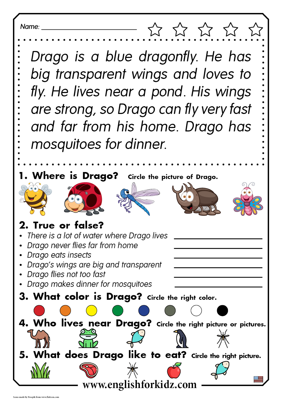 English For Kids Step By Step Reading Comprehension Worksheets Drago The Dragonfly