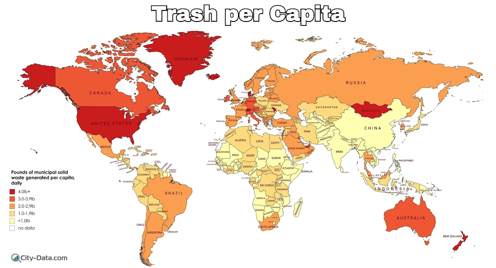 Trash produced per capita in all countries