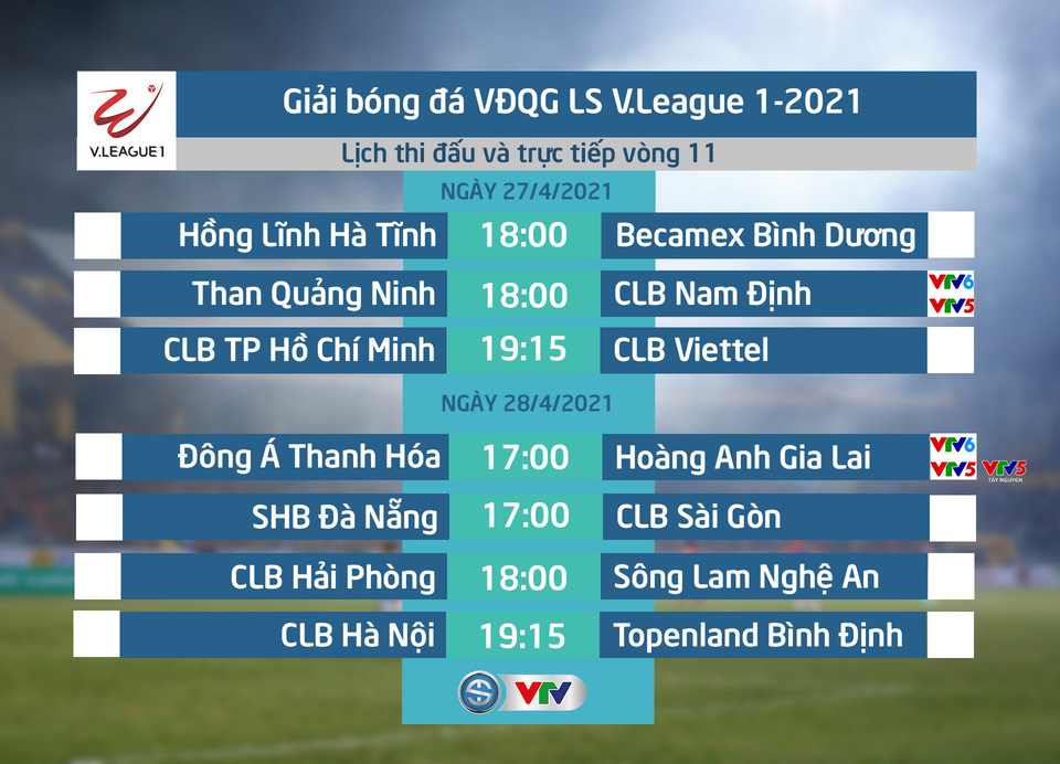 Lịch thi đấu và trực tiếp V.League 2021 vòng 11 trên VTVCab