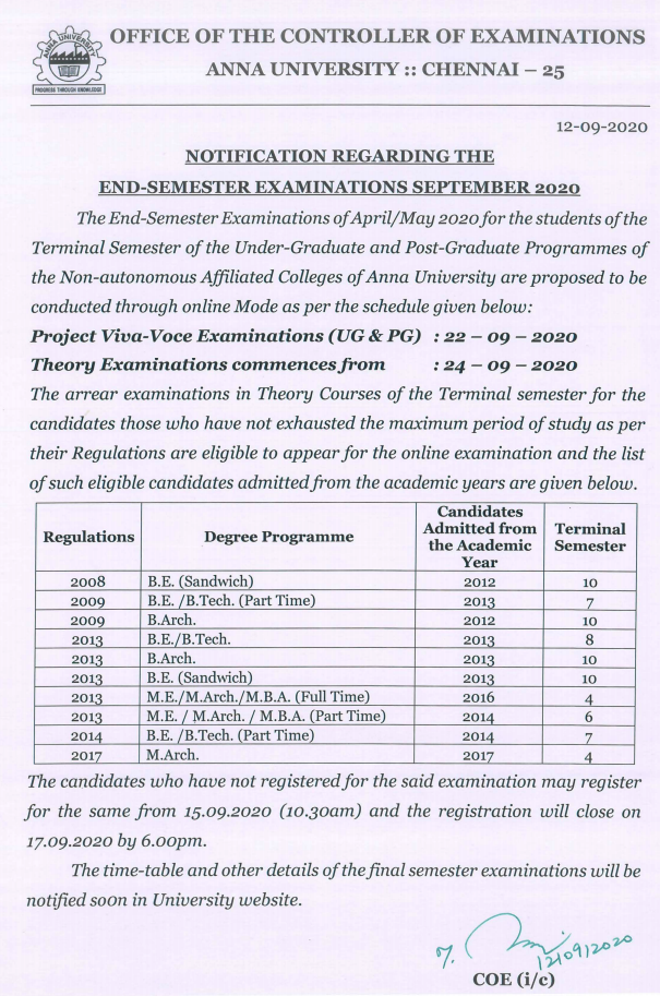 Anna University Final Year Last Date to Pay Exam Fee & Exam Date