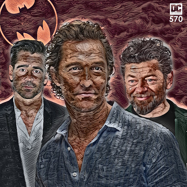 Colin Farrell, Matthew McConaughey, and Andy Serkis with the Batsignal behind them