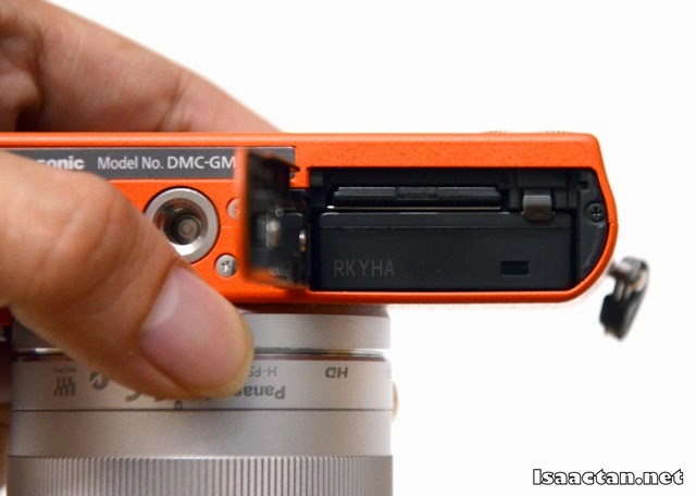 The battery bay and memory card slot of the Panasonic Lumix GM1