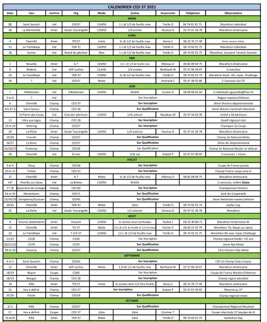LA PECHE DE COMPETITION EN INDRE ET LOIRE: Calendrier 2021 LA PECHE DE COMPETITION EN INDRE ET LOIRE: Calendrier 2021