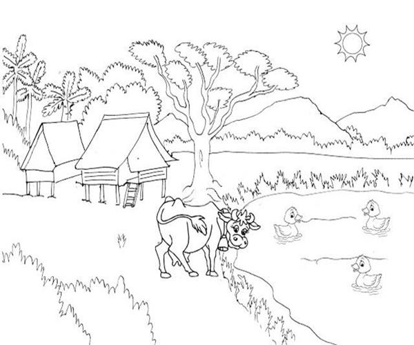 gambar mewarnai pemandangan desa