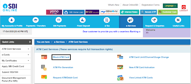 SBI Online card blocking