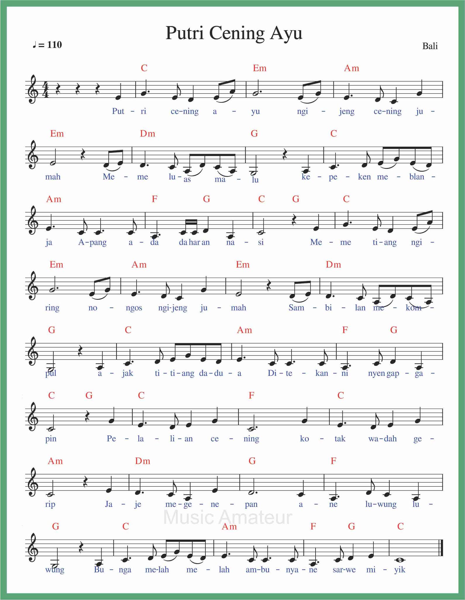 Not Angka Putri Cening Ayu SEPUTAR MUSIK