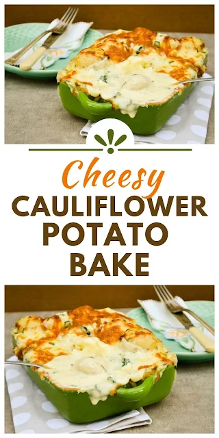 Cauliflower potato bake with spinach, topped with mozzarella and based until golden