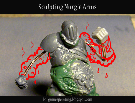Title picture showing a converted Nurgle Putrid Blightking with fists on brass wires, with red line-drawings overlaying them, showing the planned conversion work around the wires.