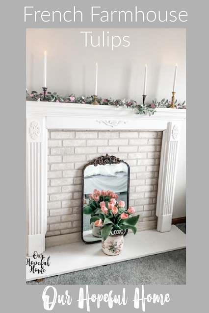 salvaged fireplace mantel pink tulips French mirror Valentine's day decor