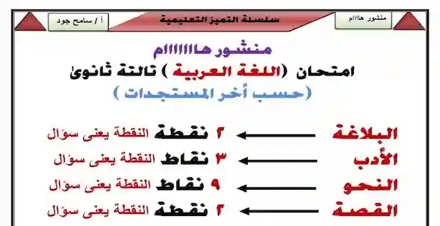 توزيع درجات امتحان اللغة العربية للصف الثالث الثانوى النظام الجديد لكل فروع المادة