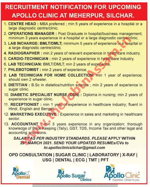 Apollo Clinic, Silchar Recruitment 2021 – Apply for 13 Various Vacancies