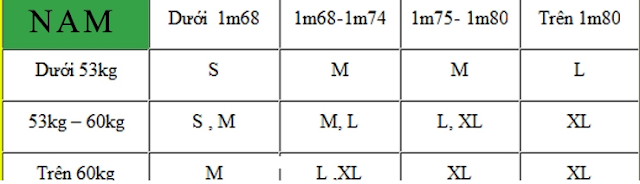 Nam duoi 53kg nen chon quan ao the thao size bao nhieu