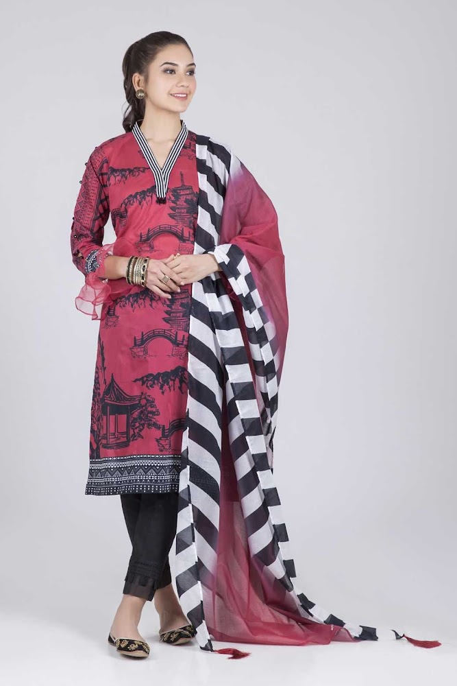 Bonanza Satrangi Red lawn suit