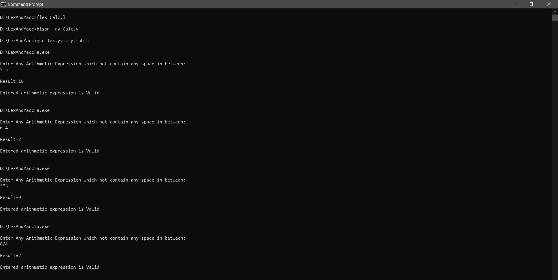 Write a Program to Implement a Calculator and Recognize a Valid