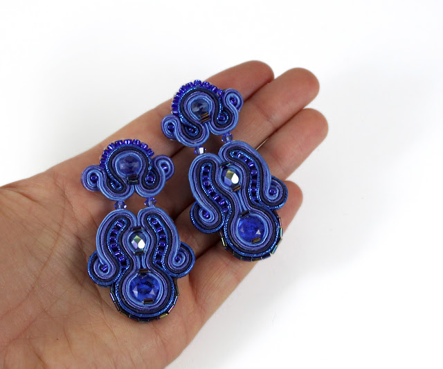 Elegant earrings, blue cobalt soutache, handmade jewelry, long drop earrings