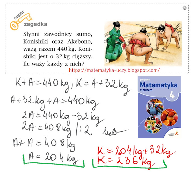 Zagadka str. 108 "Matematyka z plusem 4" Działania pisemne - zadania z treścią