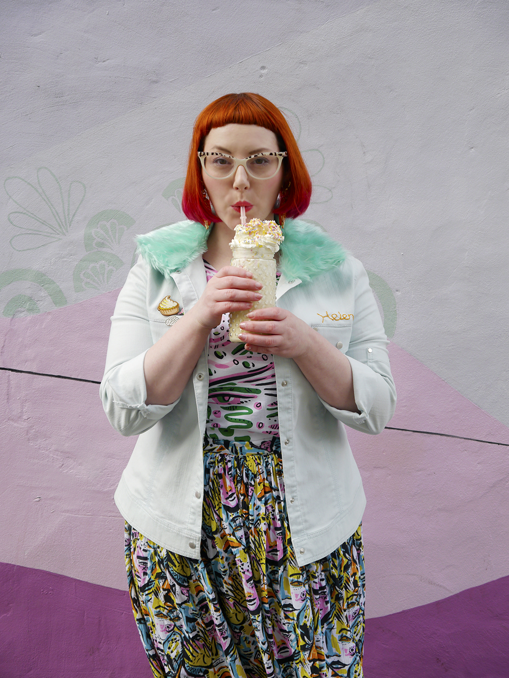 Milkshakes with Sprinkles to celebrate Wardrobe Conersations turning 3! Styled by Helen, Wardrobe Conversations, Scottish Blogger, Edinburgh Blogger, Dundee Blogger, red head, ginger bob, Spex Pistols glasses, leopard print glasses, customised denim jacket, mint fur collar, Monki prints, Monki tshirt, Monki x Lynnie Zulu, Lynnie Zulu for Monki, River Island white lace up shoes, Rockcakes brooch, Rock Cakes pin badges, personalised denim jacket, Lucky Dip pins, milkshake with sprinkles, Roller Shakes, Blog Birthday, Style Diner, Kate George Mural Edinburgh, wall art Edinburgh, Edinburgh South side, Lou Taylor, tropical earrings, skinny dip london milk bag, novelty bag, milk bag