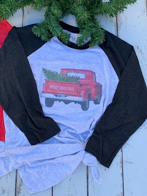 Red Christmas truck with tree on a baseball tee shirt