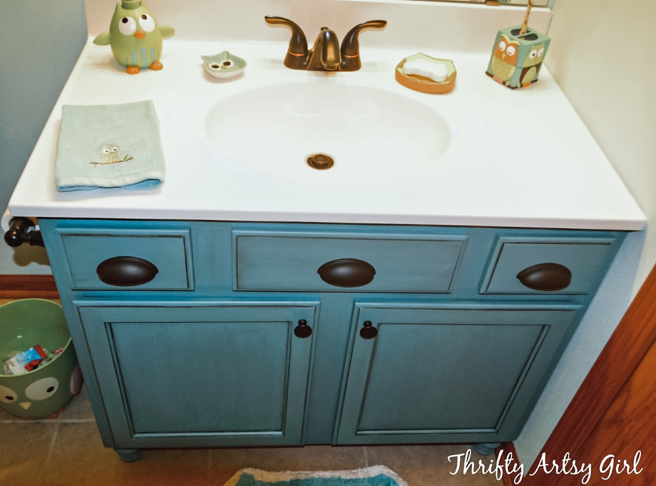 Thrifty Artsy Girl Builders Grade Teal Bathroom Vanity And Faucet Upgrade For Only 60