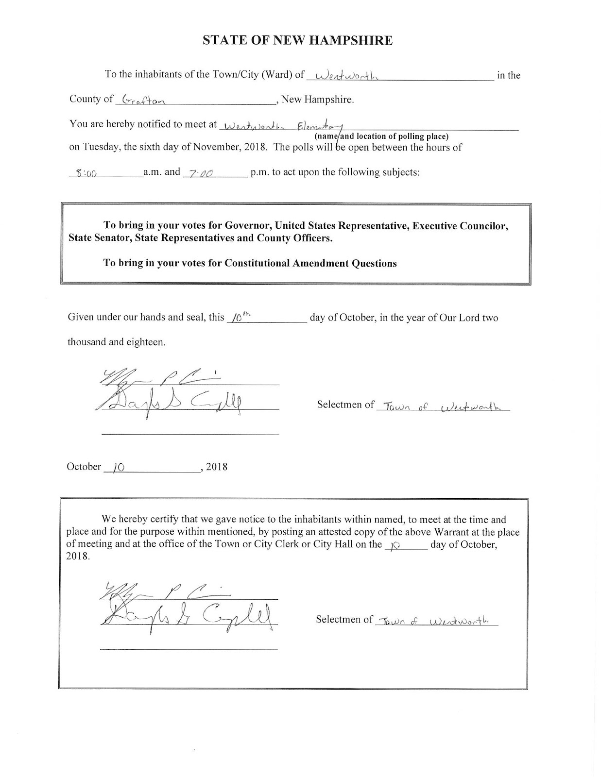 Wentworth NH Town Notices October 2018