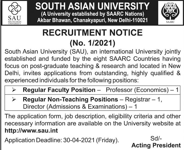 South Asian University Lahore Jobs  2021 | SAU Jobs 2021 | South Asian University Download Application Form
