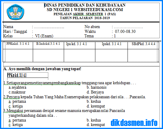 Soal UAS Tematik Kelas 6 Semester 1 Revisi 2018